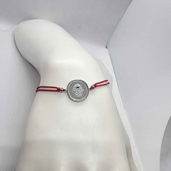 Sterling Silver 925 Hamsa Design With Red String Bracelet - Picture 1 of 3